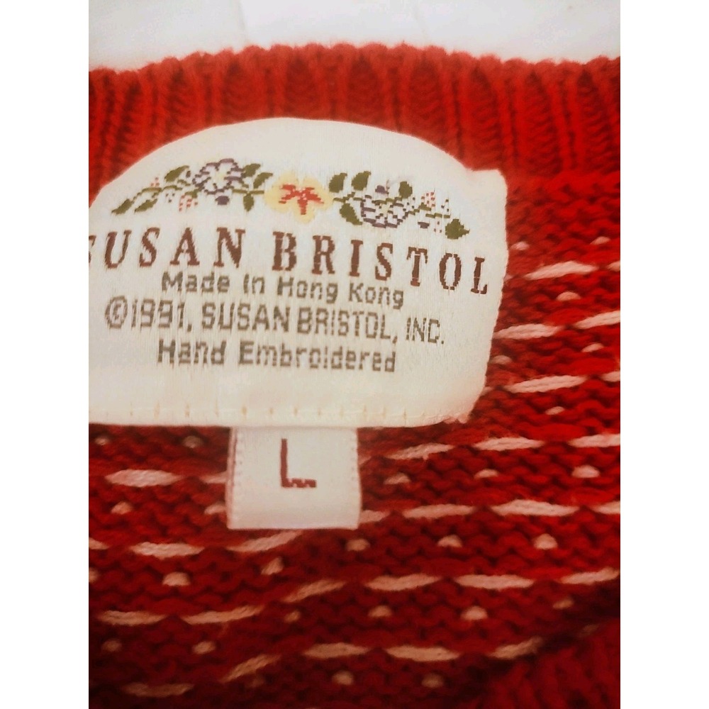 Vintage 1991 Susan Bristol Christmas Sweater L Reindeer Fair Isle Red Nordic - Picture 2 of 6